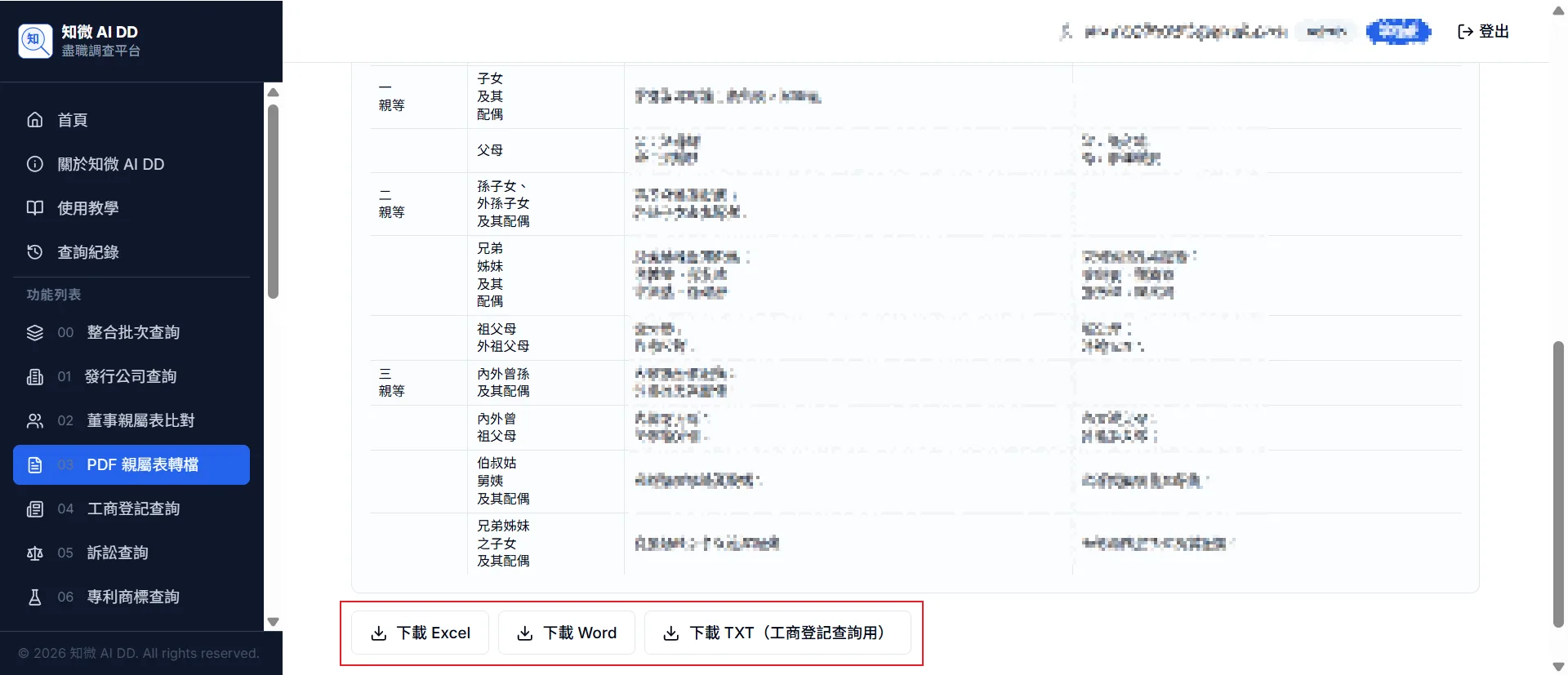 功能 04 步驟 3：轉檔完成後點擊底部「下載 Excel」、「下載 Word」或「下載 TXT」取得結果
