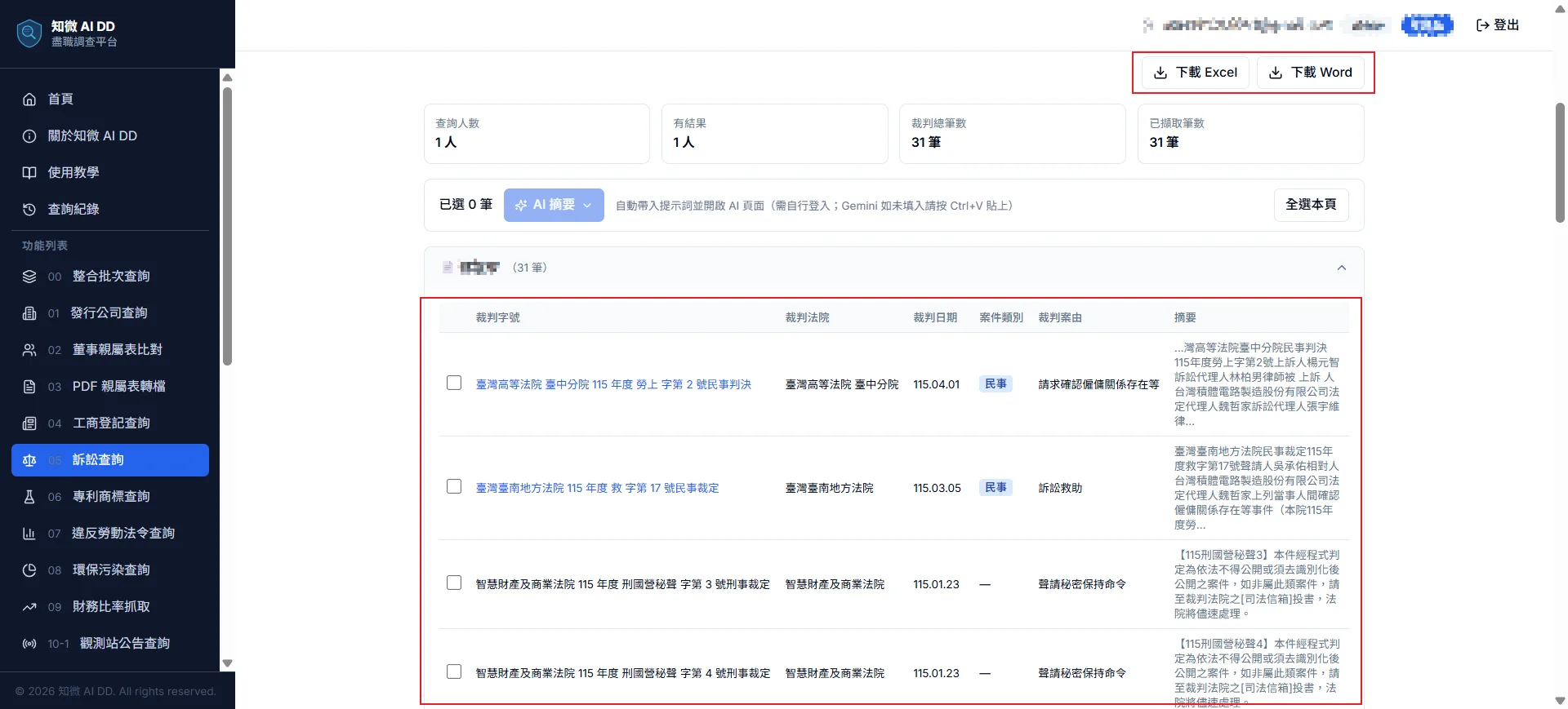 功能 06 步驟 2：查看命中結果，展開判決清單（裁判字號、審級、日期、結果、摘要），點擊右上角下載 Excel 或 Word