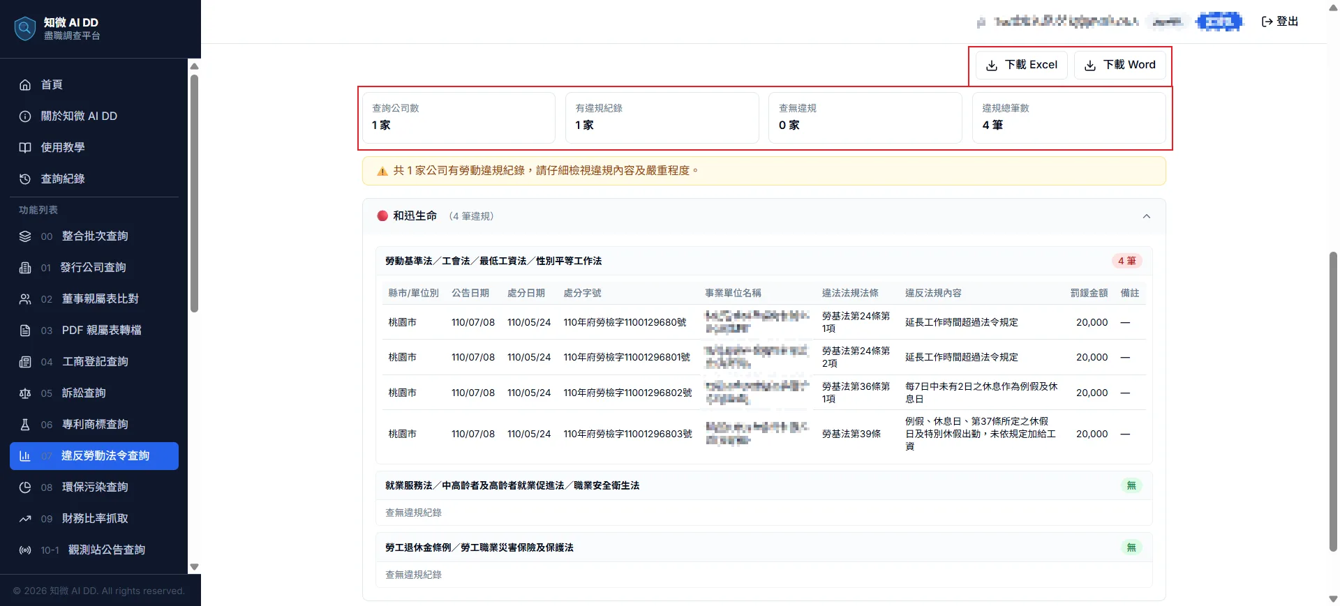 功能 08 步驟 2：查看違規紀錄（違反法條、日期、裁處金額、事由），點擊右上角下載 Excel 或 Word